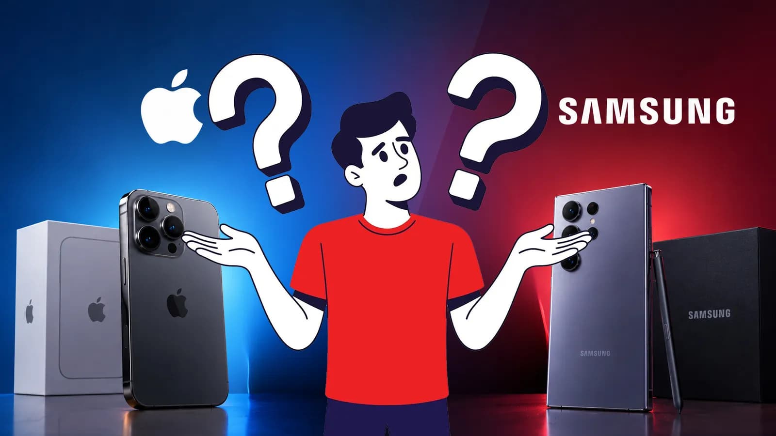 Confused person thinking of Iphone or Samsung